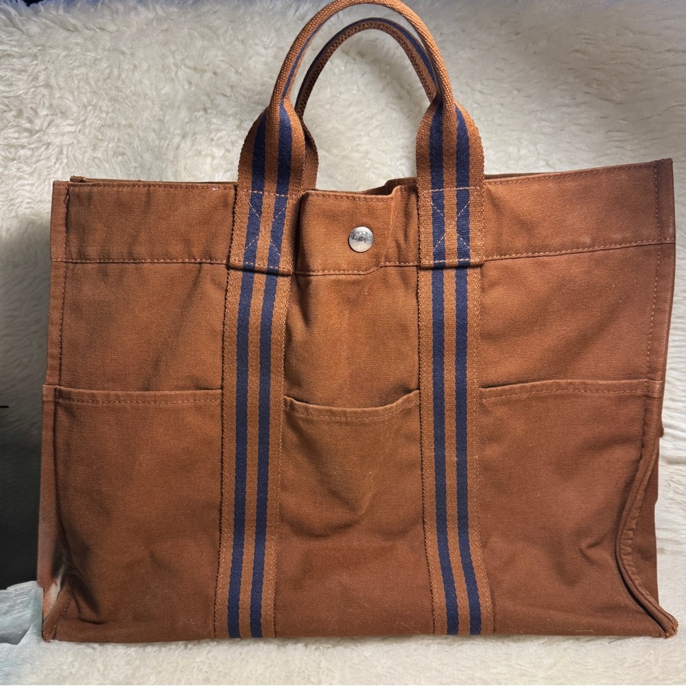 Hermes Brown Canvas Tote with Blue Stripes